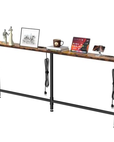 GRLEAF 70" Sofa Table with Built-in Power Strip (4 AC Outlets & 4 USB Ports) – 4.9ft Power Cord, Metal Frame, Easy Assembly, Long Couch Table Behind Sofa, Living Room and Home Office | Rustic Brown