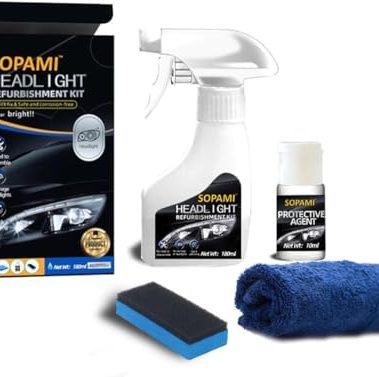 SOPAMI Car Headlight Restoration Kit, Automotive Headlight Cleaner Oxidized and Yellowed Head Light Restoring Kit for All Vehicle Types, Headlamp Headlight Cleaner Includes Coating Agent and Towel