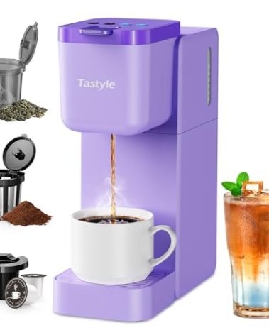 Tastyle Single Serve Coffee Maker for K Cup, Ground and Tea, Hot and Iced Coffee Machines with Bold Setting, 6 to 16 Oz Brew Sizes, Compact for Small Spaces, Purple (2.0 Version)