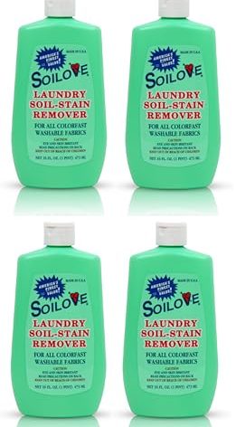 Soilove Laundry Stain Remover Liquid – 4 Bottles (16oz) – Powerful Prewash for Blood, Grease, Ink, Grass, Food, & More – Enzyme-Based Concentrated Stain Fighter for Clothes