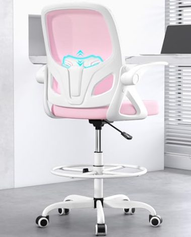 Kensaker Tall Drafting Chair with Footrest Ring for Home and Work, Ergonomic Home Desk Office Chair with Flip up Arms and Lumbar Support, Extended Height Executive Desk Office Chair(Pink)