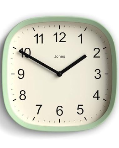 JONES CLOCKS® Sprite Wall Clock | Modern Retro Rounded Square Clock | 10 inch | Neo Mint Green | Easy to Read Numbers | Perfect for Kitchen or Office