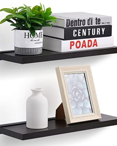 Meangood Floating Shelves Black 17 inch Wall Mounted Natural Bamboo Wood Wall Storage Shelves for Bedroom,Living Room,Bathroom, Kitchen（Set of 2）