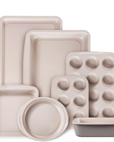 CAROTE 7-Piece Nonstick Stackable Baking Pans Set - Bakeware Sets Including Cookie Sheets for Baking, Muffin Pan, Bread Pan, Cake pan, Loaf Pan, Roasting Pan, Gray & Khaki