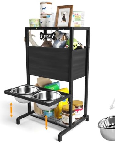 Elevated Dog Bowls, Height Adjustable Raised Dog Bowl Stand (3.5'' to 11''), Multifunctional Lifted Bowl Holder with Pet Food Organizer for Large Medium Small Dogs, Black