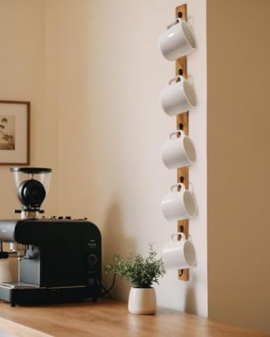 Yohsnor Wall-Mounted Coffee Mug Rack - 6-Hook Solid Wood Cup Holder for Kitchen Cabinet, Space-Saving Tea Bar Organizer with Rustic Decor (Vertical Rectangle Design)