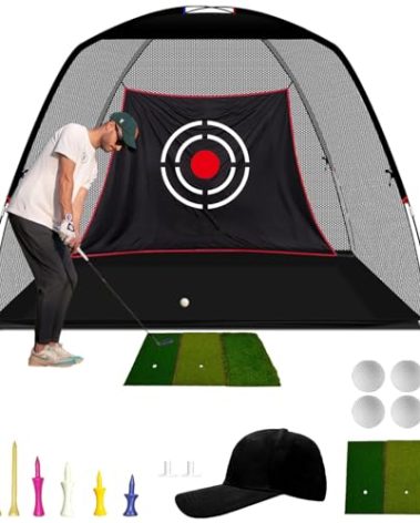 KAIDIDA Golf Hitting Net Portable: 12x7 FT Quick Set Up Driving Training Equipment for Backyard Garage Gift with Target Tee Cap Turf Ball