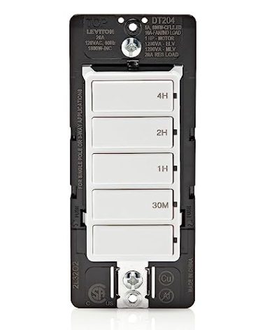 Leviton Countdown Switch for lights, attic, heaters, pool pumps, 30 min, 1-2-4 hour, Neutral Wire Required, 20A, 1 HP/16A Fan/Motor, Single Pole, Multi-Way or Multi-Timer, DT204-1LW, White