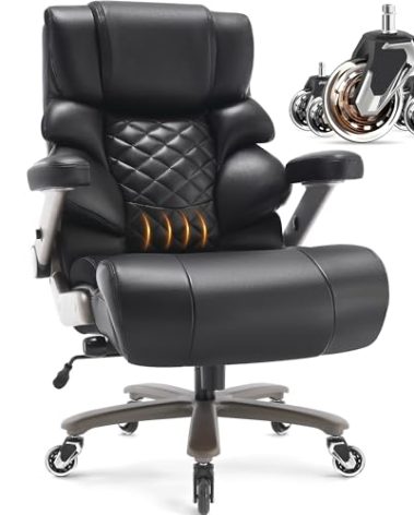 VUZI 700lbs Big and Tall Office Chair-Large Computer Chair with Adjustable Lumbar Support 3D Flip Arms Plus Size Wheels, High Back Executive Desk Chair, Heavy Duty Metal Base, Thick Padded Wide Seat