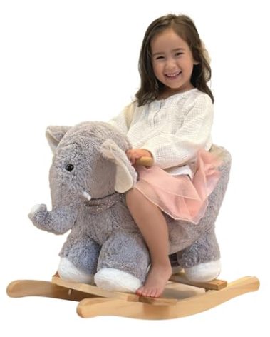 Rocking Horse Elephant, Baby Animal Rocker, Rocking Horse with Seat, Ride on Horse, Plush Rocking Horse with Sweet Music, Wooden Rocking Horse for Toddlers 1-3, (Gray Elephant), CPC Certified