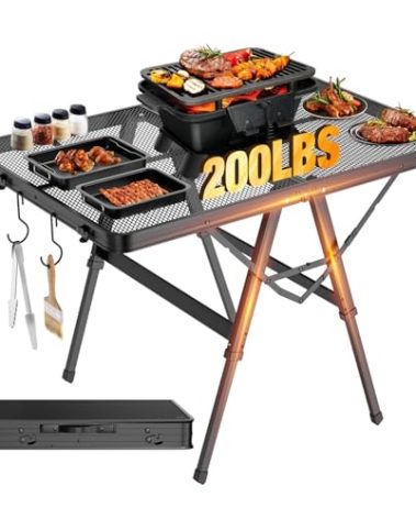 Raynesys Foldable Grill Table with Mesh Desktop, 200lbs 3Ft Portable Folding Table, Height Adjustable Metal Table for Ourdoor, Camping, Picnic, BBQ and Beach, RV, 35.4" L x 23.6" W