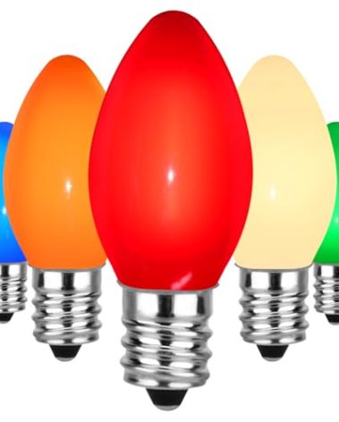 SOTOPOO 25 Pack Multicolor C7 Christmas Lights Replacement Bulbs Vintage Ceramic Multi-Colored Light Bulbs for Christmas Tree & Indoor Outdoor Xmas Lights C7 Replacement Bulbs, E12 Base, 5W