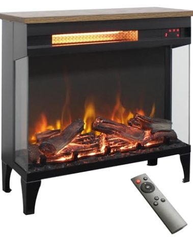 Innoflame 24" Electric Fireplace Heater, 3-Sided Glass & Wooden Top Design, Adjustable 4 Flame Colors, Remote, Timer, 1500W Infrared Heater w/Overheat Protection, Fireplace Heaters for Indoor use