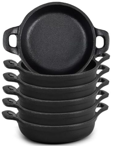 Ziliny Mini Cast Iron Skillets 5 x 5 x 1.3 Inch Cast Iron Pan Small Ramekin Set Black Casserole Dish Cookware Oven Safe Mini Skillets for Kitchen Indoor Outdoor Picnic (6 Pack)