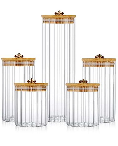 FANTESTICRYAN Glass Storage Jars Set of 5, Decorative Coffee Bar Container with Airtight Bamboo Lid Metal Ring for Home Kitchen Storing Candy, Cookie, Pasta, Nuts, Oatmeal and Bathroom Salt