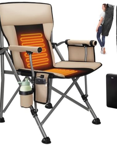 Heated Camping Chair with 20,000 mAh Battery, Loog-Lasting for 500 Mins, Fully Padded Heated Camp Chairs, Heavy Duty Folding Chairs Supports 500 lbs for Winter Camping, Picnics, Tailgating, RV Travel