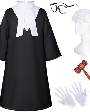Irtysh Halloween Robe Judge Lawyer Kids Party Graduation Gown Costume Cosplay Wooden Gavel Wig Glasses Gloves set(110)
