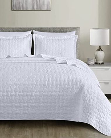 Chezmoi Collection Vert 3-Piece 100% Cotton Quilt Set King Size, White - Basketweave Quilted Lightweight Pre-Washed Soft-Finished Cotton Bedspread for All Season