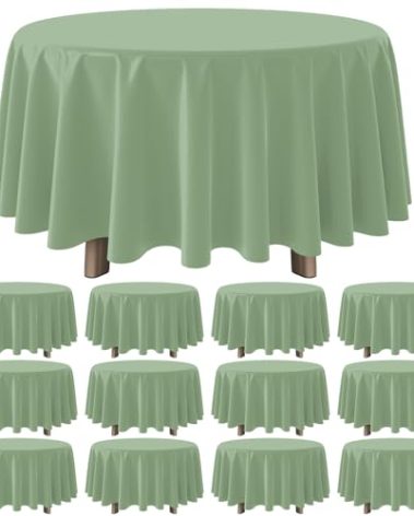 YIDAKO 12 Pack Sage Green Plastic Tablecloths Round Light Green Tablecloth Waterproof Disposable Round Sage Table Cover for Birthday Bridal Wedding Baby Shower Party Decorations,84Inch