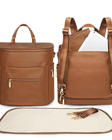 miss fong Diaper Bag Backpack Baby Diaper Bag, Large Leather Diaper Bag Backpack with Changing Pad,Pañaleras Para Bebe for Moms, Stroller Straps, and 2 Insulated Pockets(Convertible, Brown)