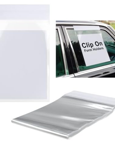 Saypacck 50 Pack Clip on Window Form Holder Buyers Guide Window Hangers Buyers Guide Holder Sleeves 9 x 13 Clear Plastic Pouch Form Hangers for Car Dealership Supplies