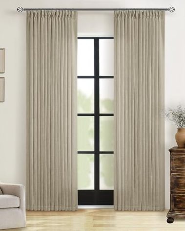 Light Khaki Linen Pinch Pleated Curtains 84 Inches Long 2 Panels for Living Room Bedroom Flax Linen Pleated Hooks Rings Back Tab Light Filtering Taupe Country Farmhouse Curtain Drapes 84 Inch Length