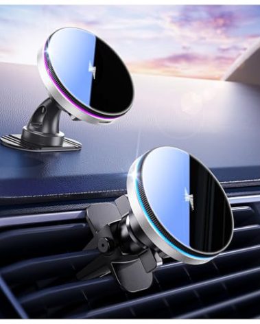 Beser for MagSafe Car Mount Charger, (4.13 lbf) Large Magnetic, 15W Qi Wireless Charger for Car, Vent/Dashboard, Phone Holder for iPhone 15/14/13/12 Series, 7 Color Lights, Aluminium, Silver