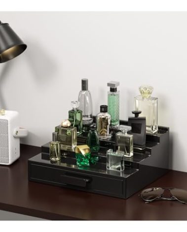 ProCase 4 Tiers Lacquered Finish Wooden Cologne Organizer for Men, Perfume Display Stand Shelf with Drawer, Men's Cologne Storage Rack, A Perfect Cologne Holder Gift for Father Dad -Black