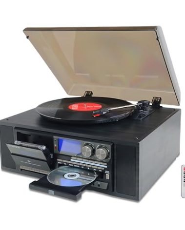 10 in 1 Vinyl Record Player 3 Speed Bluetooth Vintage Automatic Turntable CD Cassette Player AM/FM Radio USB Recorder Aux-in RCA Line-Out (Black)
