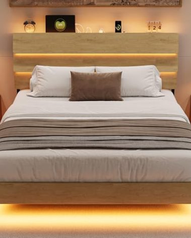 Einhomn Floating Bed Frame Full Size with Charging Station & Led, Metal Platform Bed Base with Storage Headboard, Heavy Slats Support, No Box Spring Needed, Noise Free, Remote Control, Oak