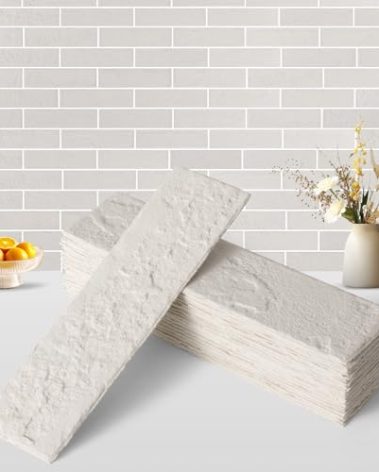 Zoeteoz 17 Pcs Faux Thin Brick Tiles Veneers, 2.38 Sq.Ft, Realistic Brick Texture and Lightweight, Indoor Outdoor Decorative Wall Brick for House Facade, Garage, Chimney, Parterre Wall (Eco-White)