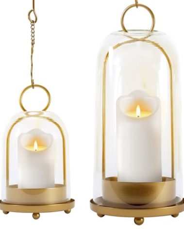 MUTUALUS Hurricane Glass Candle Holders, Large & Medium Brass Lanterns Hurricane Candlestick Holder for Pillar Candles Vintage, Gold Metal Rustic Farmhouse Decor with Hook Chains