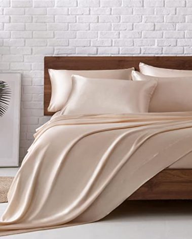 MR&HM Satin Bed Sheets, Queen Size Sheets Set, 6 Pcs Silky Bedding Set with 15 Inches Deep Pocket for Mattress(Queen, Taupe)