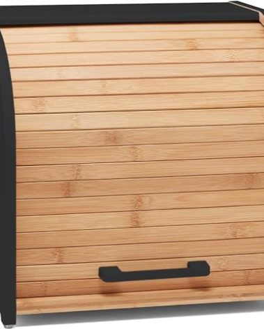 HOMEFULLY Bamboo Double Layer Bread Box for Kitchen Countertop, Roll Top Wood, Extra Large Kitchen Storage, Modern Wooden Bin (Black)