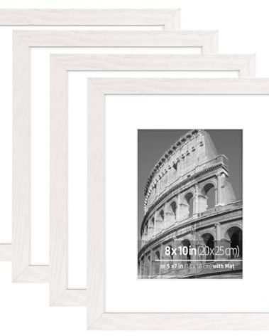 DUCIHBA 8x10 inch or 5x7 with Mat Picture Frames Tabletop Shelf Display or Wall Mount Vertically or Horizontally, Real Glass Acid Free Mat, Off White Cream Grain Wood Veneer Molding, Set of 4 Pack