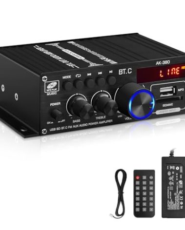 AK-380 USB SD BT.C FM AUX Audio Power Amplifier 400W+400W 2.0 CH HiFi Stereo AMP Speaker Bluetooth 5.0 Amp Receiver with 12V 5A Power Supply,FM Antenna for Car Home Bar Party