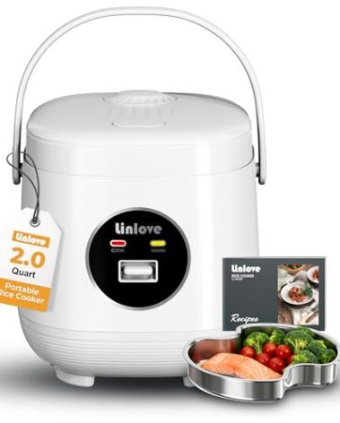 Linlove Rice Cooker Small 4 cup Uncooked,2 Quart Non-stick Mini Rice Cooker,With Stainless Steel Steamer Tray,One-Switch to Cook and Auto Keep Warm,Recipe Guide,Small space saving for 1-4 people,White