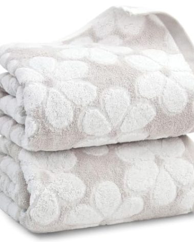 Jacquotha Soft Bath Towels 2 Pack, Super Absorbent Shower Towels 27.5x55 Inches, Cute Floral Jacquard Bathroom Set, Cotton, Light Beige