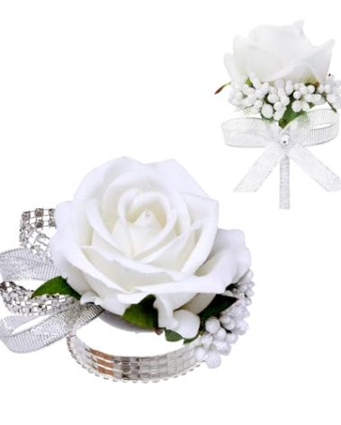 Vkkperp 2Pcs White Rose Corsage and Boutonniere Set, Corsage Wristlet Band for Prom Decorations, Artificial Boutonniere for Men Wedding Party Suit Flower Accessories