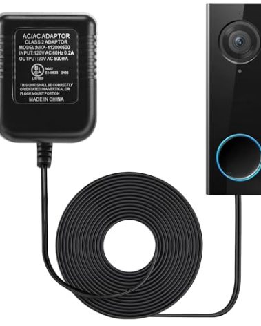 Dreyoo Doorbell Transformer 16-24V Adapter, 16.4ft Long C Wire Power Supply 20VAC 500mA Power Adapter, Compatible with Arlo Eufy Video Doorbell, UL Certification with 50PCS Cable Clips(Black)
