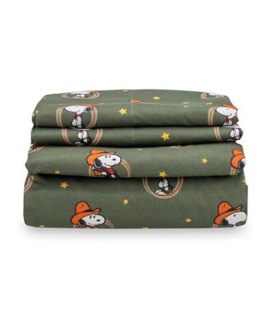 Berkshire Blanket Peanuts® Kids Sheet Set Queen Size - 4 Pieces,Cute Character Snoopy Printed Soft Microfiber Bed Sheets,Snoopy Giddy Up Cowboy Sheets Moss