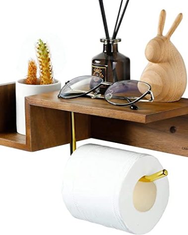 Wall-Mounted Toilet Paper Holder with Shelf and Storage, Made of Walnut Wood - Toilet Roll and Tissue Holder for Bathroom(Walnut Wood)