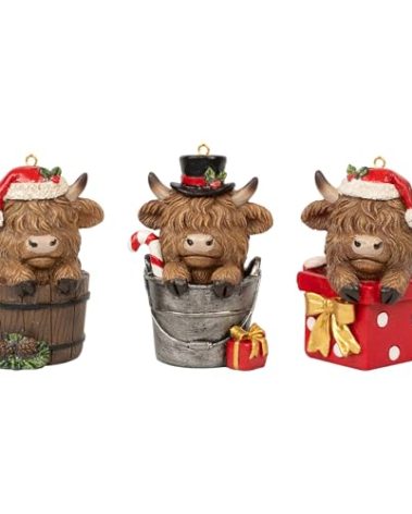 YeehaWhoo Christmas Highland Cow Figurines Decor, 3 PCS Small Christmas Cows Hidden in Barrel/Bucket/Gift Box, Hanging Ornaments Xmas Resin Statue for Garden Bathroom Kitchen Home Table Decorations