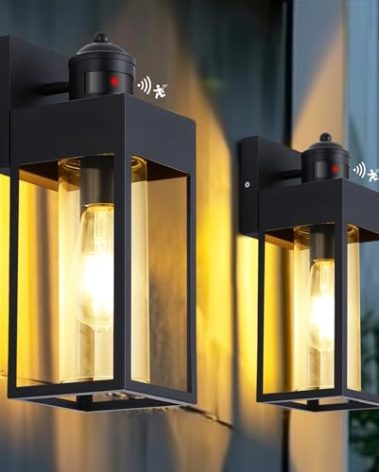 LWSOY Motion Sensor Outdoor Wall Lanterns 2 Packs, Upgrade Dusk to Dawn Exterior Light Fixture, 3 Lighting Modes, Waterproof Front Porch Lights for Garage Patio Garden House Entryway, Black.