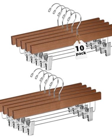 Quality Hangers Wooden Pants Hangers - 10-Pack Swivel Hook Cloth Hanger Set - Lotus Wood Skirt, Pant, Shorts and Slack Hangers with Adjustable Clip (Walnut - Chrome Hook, 10)