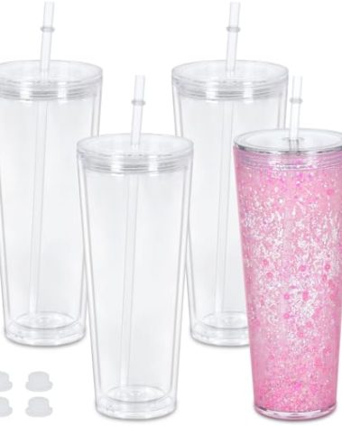 Maucircol 24 Oz Acrylic Snowglobe Tumbler, 4 Pack Pre-Drilled Double Wall Acrylic Clear Cup For Glitter Snow Globe Diy, Double Wall Snowglobe Cup
