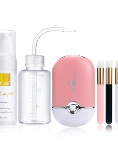 3.38OZ Eyelash Extension Cleanser Lash Mousse Lash Shampoo for Extensions, USB Mini Portable Fan Rechargeable Electric Handheld Air Conditioning Lash Shampoo Brush Plastic Wash Bottle (lash fan-pink)