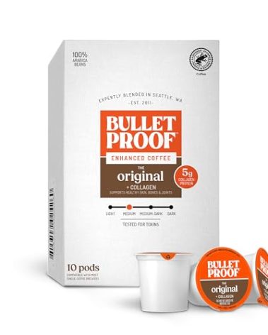 Bulletproof Coffee + Collagen Single-Serve Coffee Pods, 10 Count, 100% Arabica Beans, Clean Coffee Tested for Toxins, Packaging May Vary
