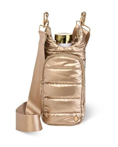 WanderFull® Original HydroBag®, Fits Up to 32 oz Water Bottle Holder with Strap, Hands-Free Crossbody, Water Bottle Carrier Bag with Phone Pocket - Gold Shiny