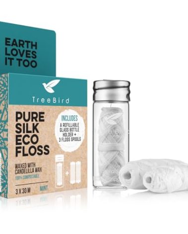 TreeBird Pure Silk Eco Floss Kit - Refillable Floss Dispenser (Glass) + 3×33 yd Silk Refills | Waxed with Candelilla Wax | Mint